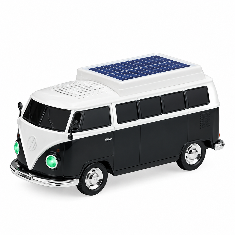 Retro Kombi style portable Bluetooth speaker with solar roof panel, LED headlights and rechargeable battery – WS-698 camping speaker