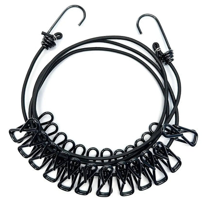 Clothesline Retractable Windproof Portable Elastic 12 pegs Black
