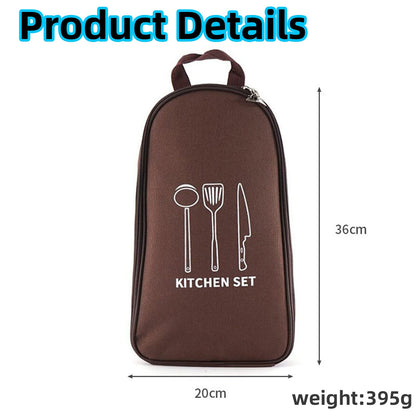 Multi-Functional Outdoor Kitchen Utensil Organizer – Durable Travel Storage Bag with Elastic Straps, Mesh Pockets & Carry Handle, Compact Size (Brown)