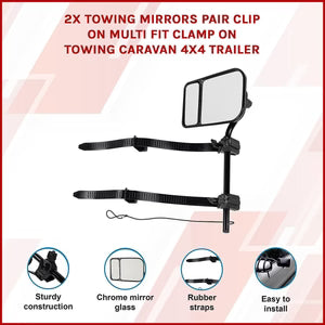 2x Towing Mirrors Pair Clip on Multi Fit Clamp On Towing Caravan 4X4 Trailer 