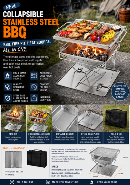 Stainless Steel Folding BBQ Stove, fire pit with adjustable height